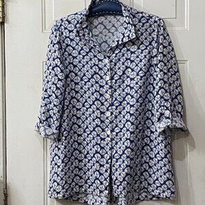 John Mark Sz S  Tunic Button Up Roll Up Long Sleeve Pockets Navy Blue/White